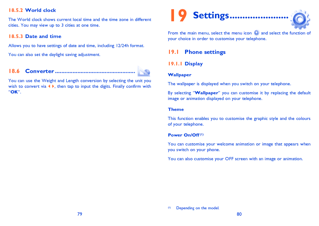 Alcatel 819D manual Settings, Converter, Phone settings 
