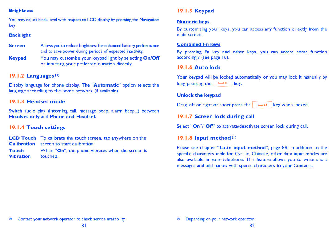 Alcatel 819D manual Languages, Headset mode, Touch settings, Keypad, Auto lock, Screen lock during call, Input method 