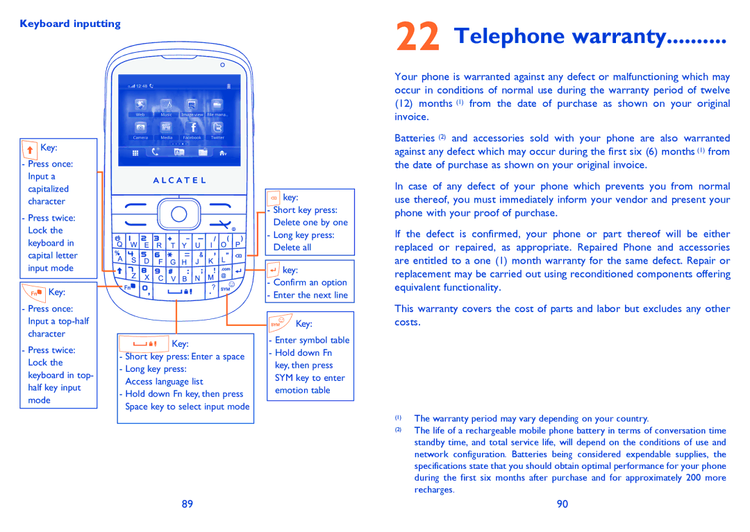 Alcatel 819D manual Telephone warranty, Keyboard inputting 