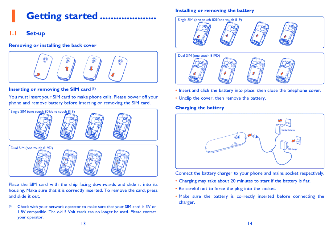 Alcatel 819D manual Getting started, Set-up, Installing or removing the battery, Charging the battery 