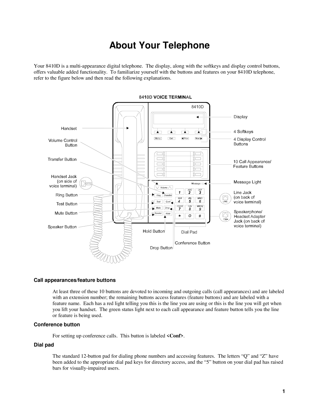 Alcatel 8410D manual About Your Telephone, Call appearances/feature buttons, Conference button, Dial pad 