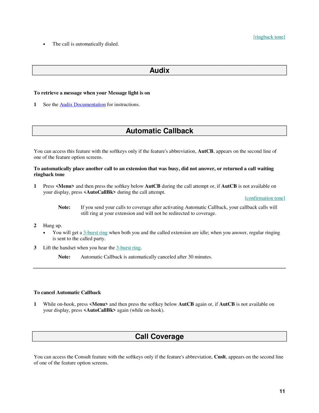 Alcatel 8410D manual Audix, Automatic Callback, Call Coverage, To retrieve a message when your Message light is on 