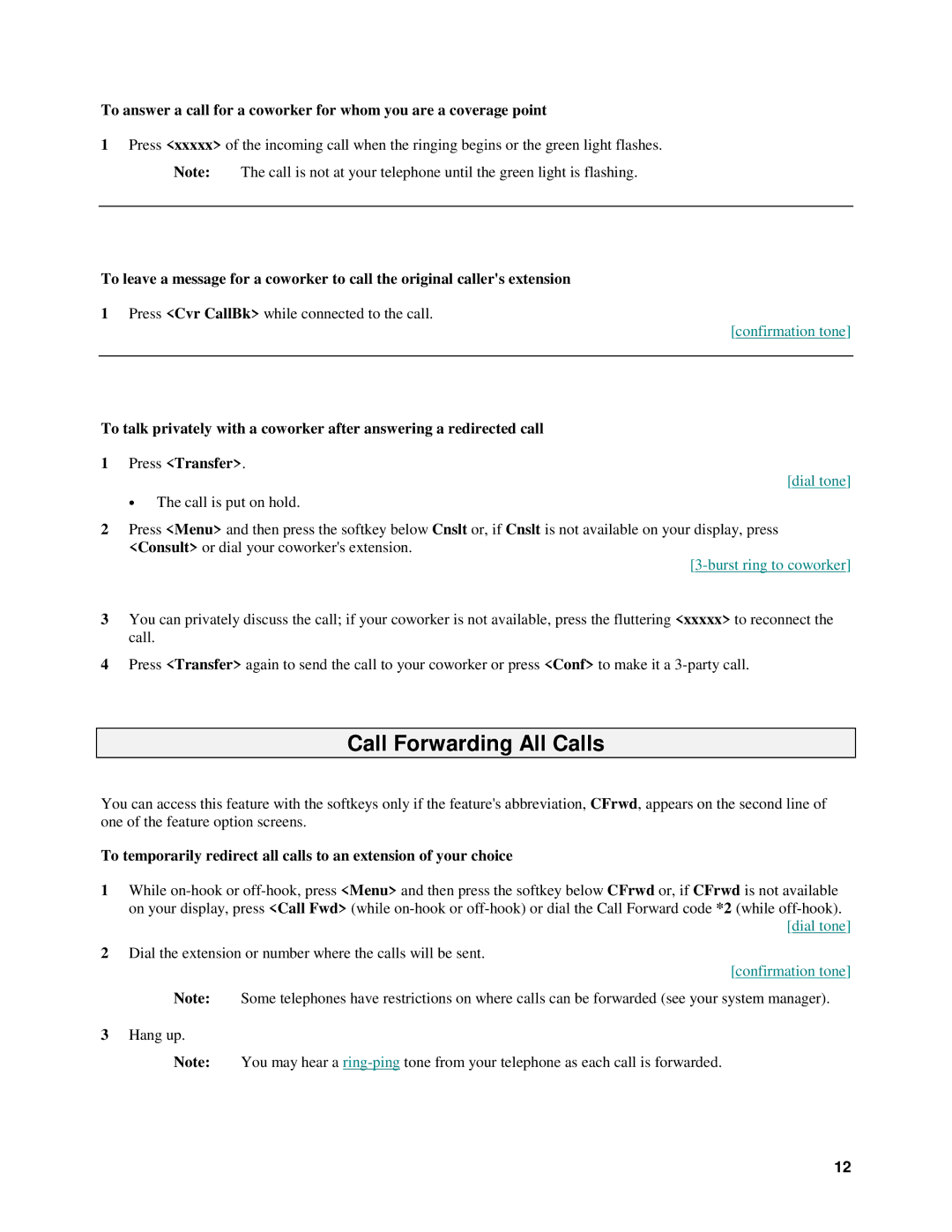 Alcatel 8410D manual Call Forwarding All Calls, Burst ring to coworker 