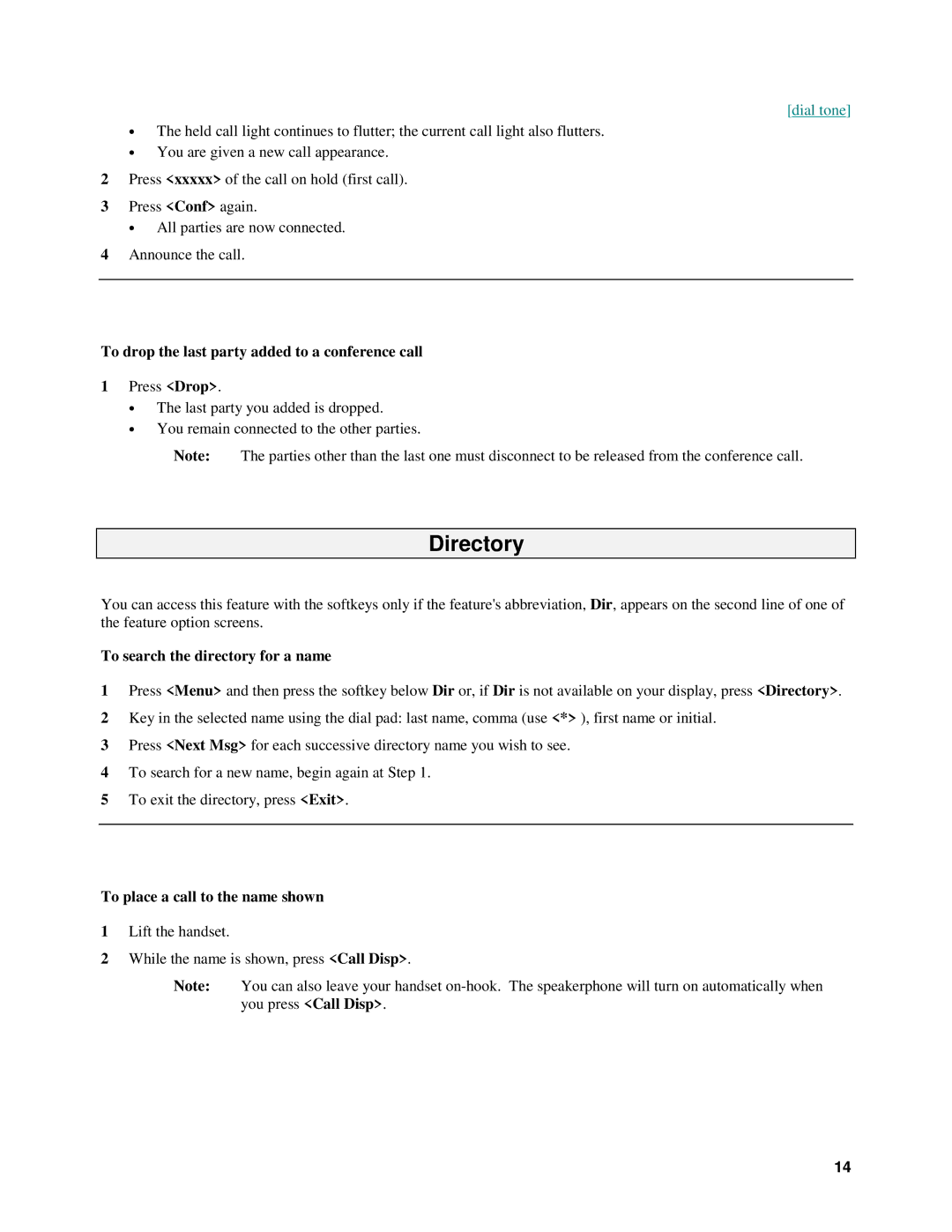 Alcatel 8410D manual Directory, To drop the last party added to a conference call, To search the directory for a name 