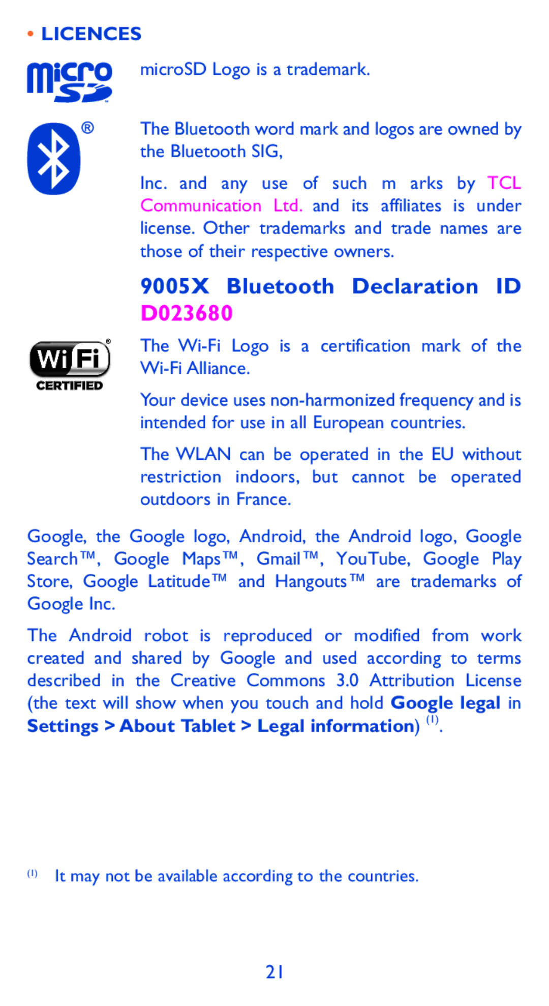 Alcatel manual 9005X Bluetooth Declaration ID, Settings About Tablet Legal information 