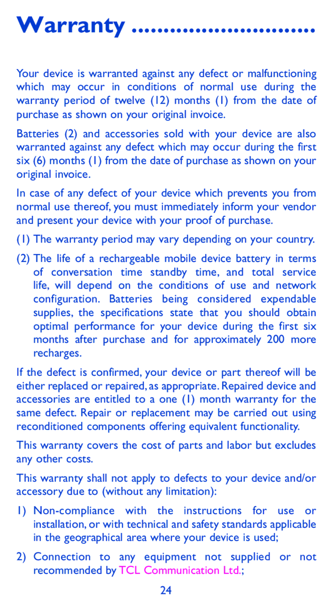 Alcatel 9005X manual Warranty 