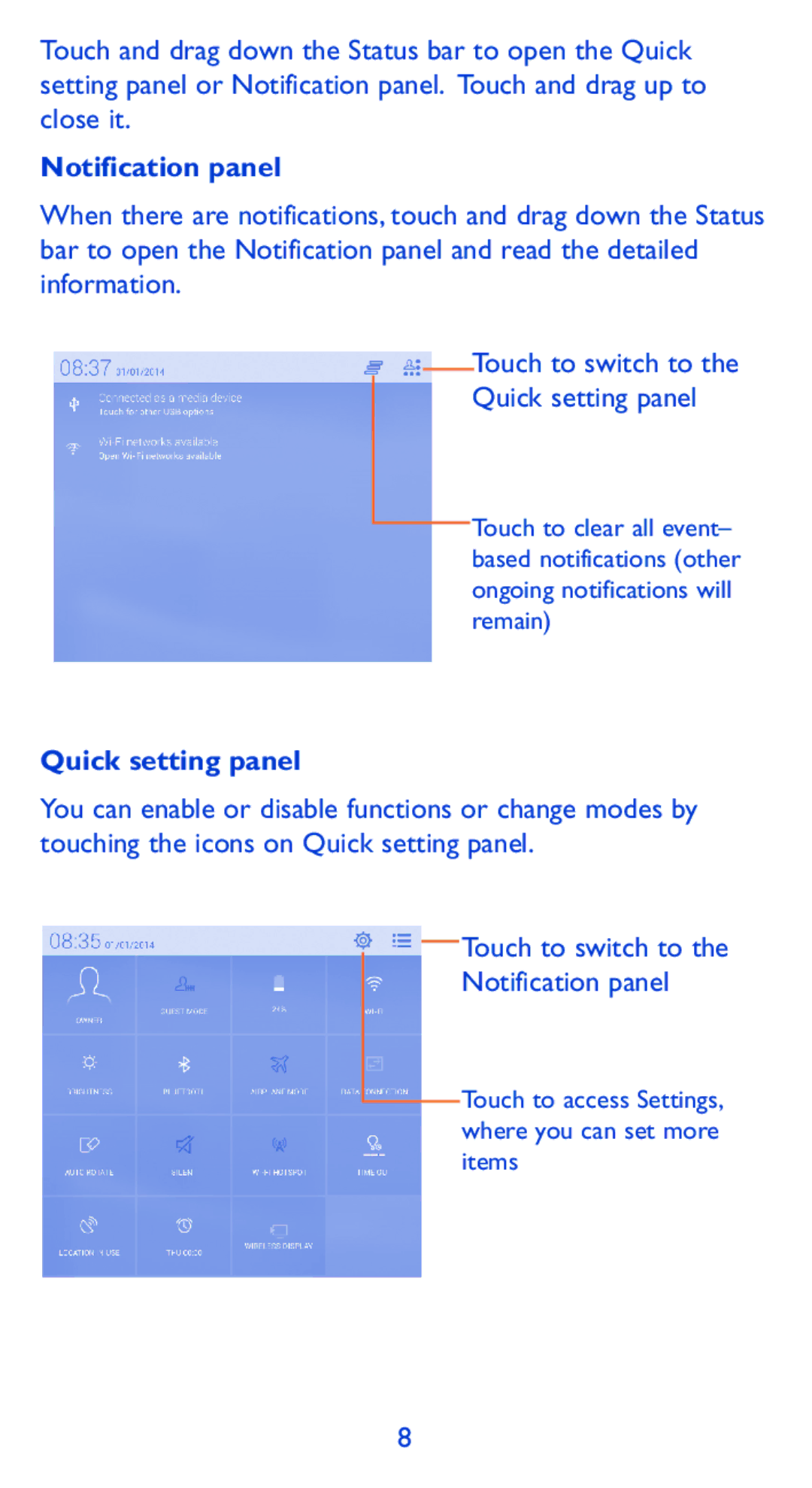 Alcatel 9005X manual Notification panel, Quick setting panel 