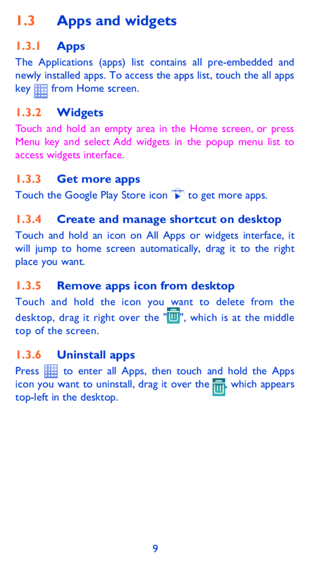 Alcatel 9005X manual Apps and widgets 