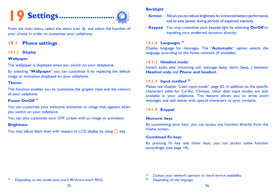 Alcatel 901S manual Settings, Phone settings 