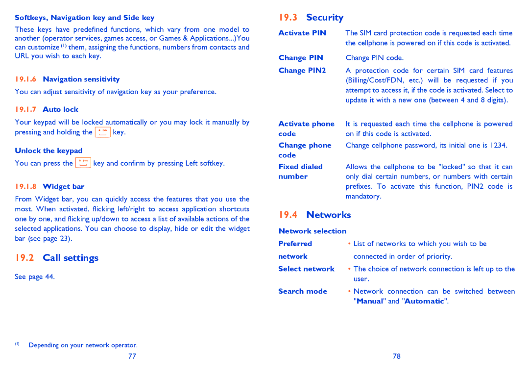 Alcatel 901S manual Call settings, Security, Networks 