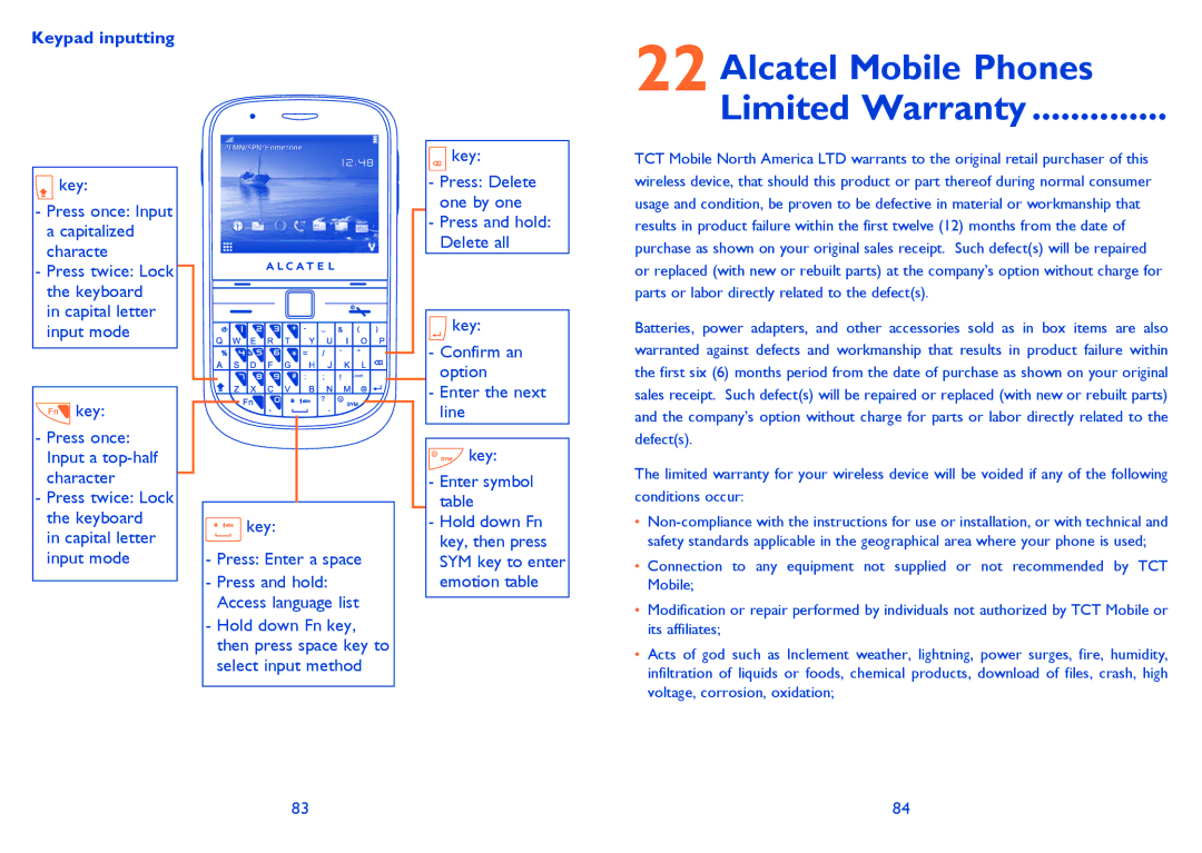 Alcatel 901S manual Alcatel Mobile Phones Limited Warranty, Keypad inputting, Key Press Enter a space 