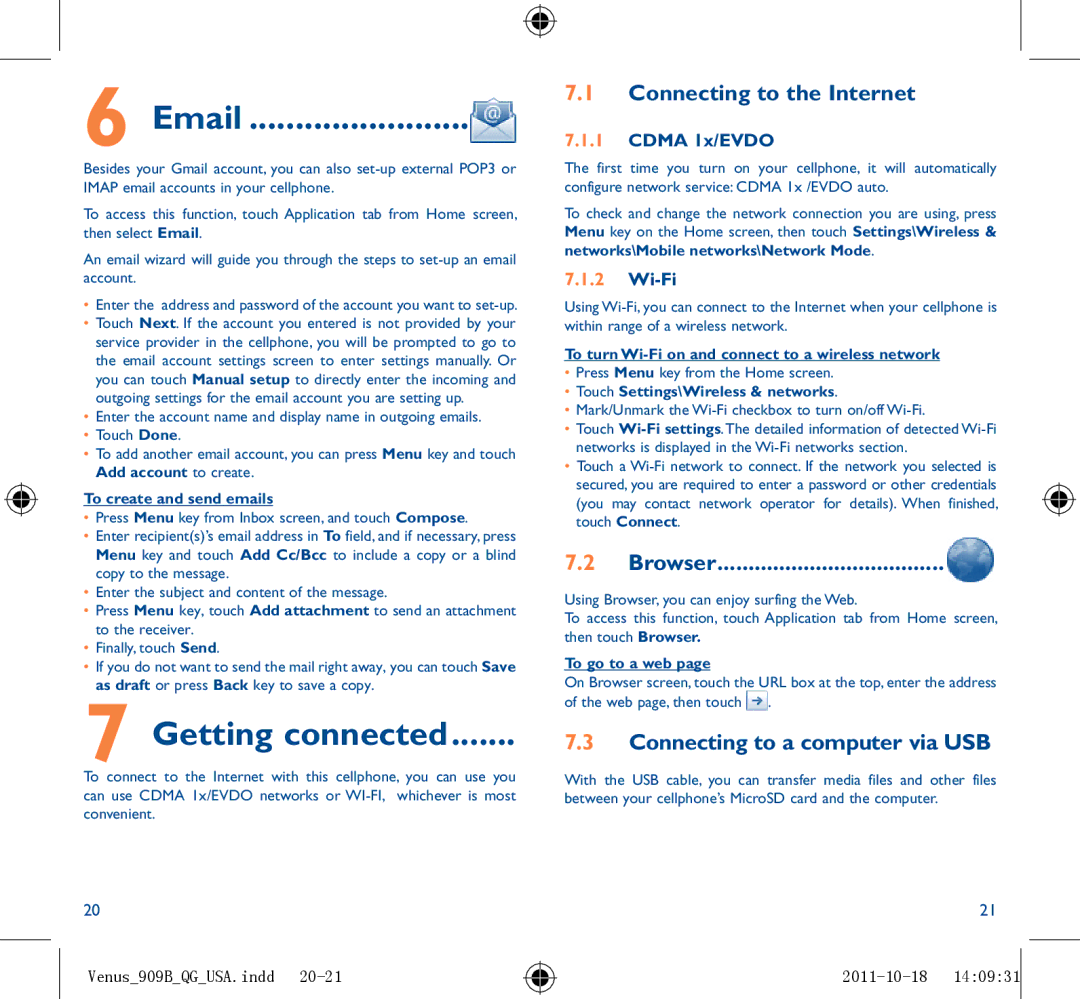 Alcatel 909B manual Connecting to the Internet, Browser, Connecting to a computer via USB, Cdma 1x/EVDO, Wi-Fi 