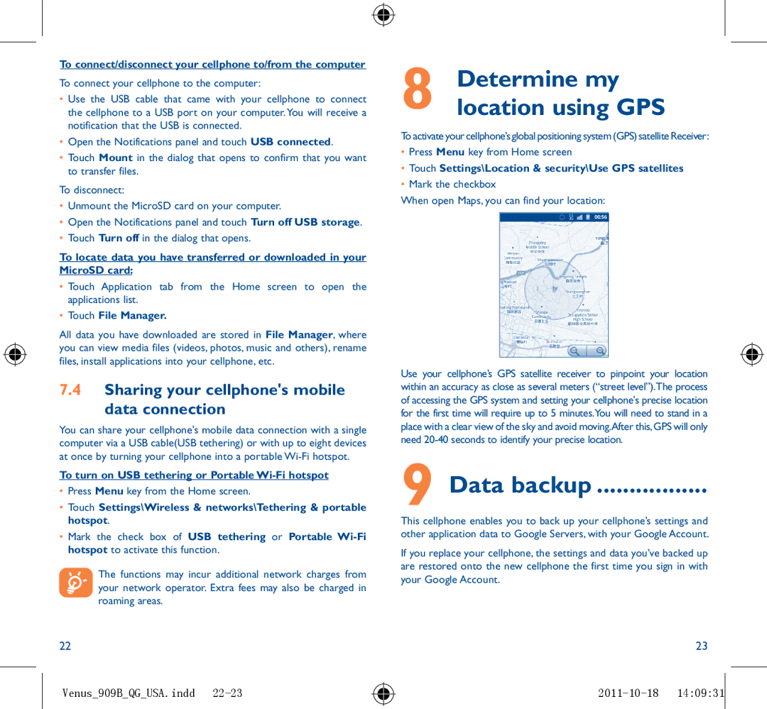 Alcatel 909B manual Data backup, Sharing your cellphones mobile Data connection 