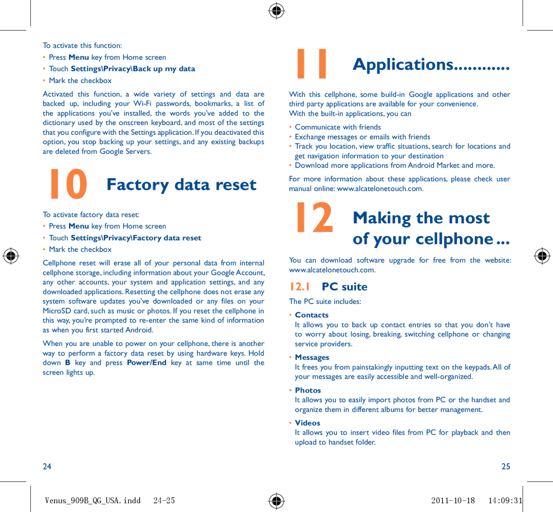 Alcatel 909B manual Factory data reset, Applications, Making the most Your cellphone, PC suite 