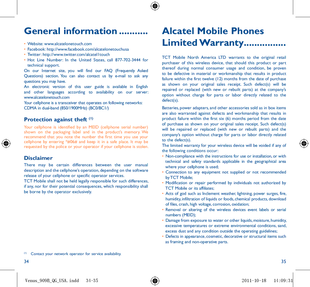 Alcatel 909B manual General information, Alcatel Mobile Phones Limited Warranty, Protection against theft, Disclaimer 