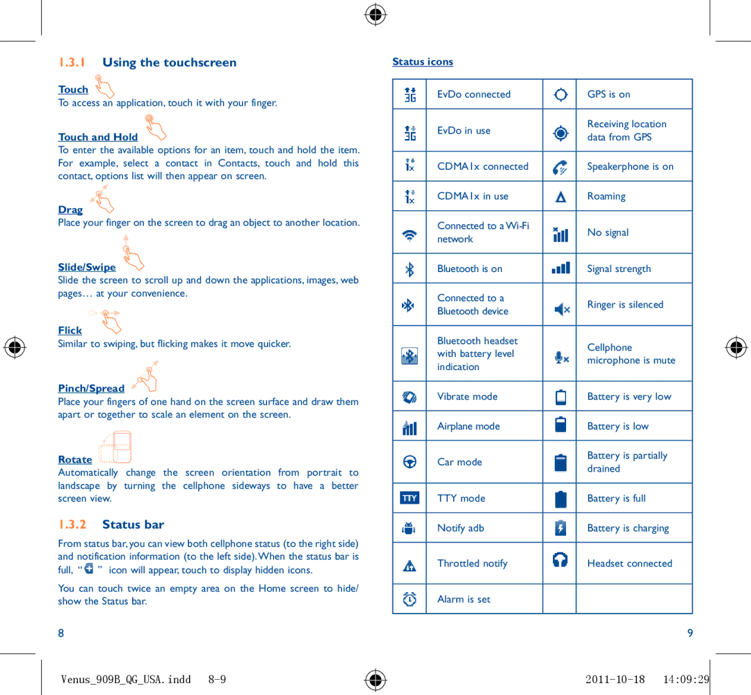 Alcatel 909B manual Using the touchscreen, Status bar 