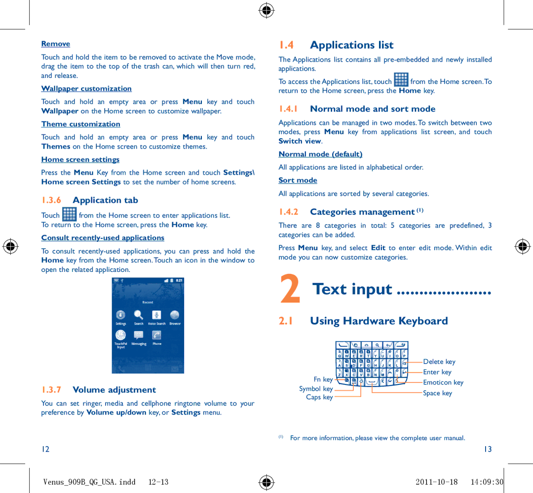 Alcatel 909B manual Applications list, Using Hardware Keyboard 