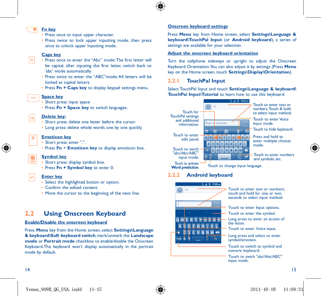 Alcatel 909B manual Using Onscreen Keyboard, TouchPal Input, Android keyboard 