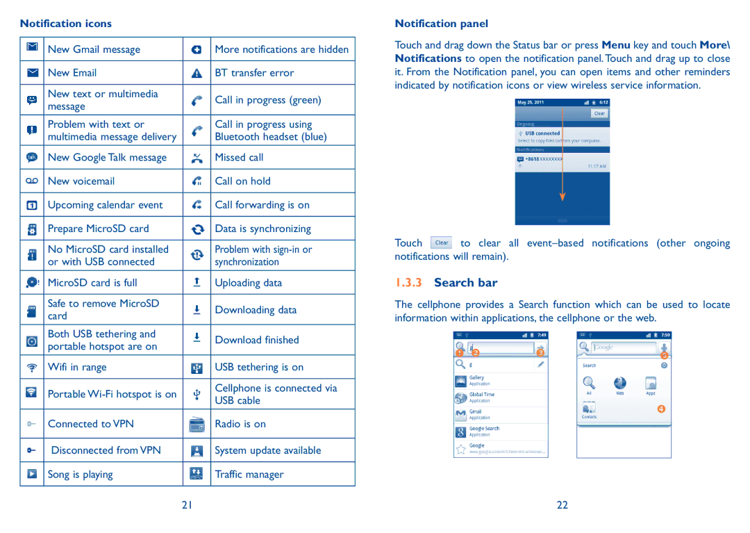 Alcatel 909B manual Search bar, Notification icons, Notification panel 