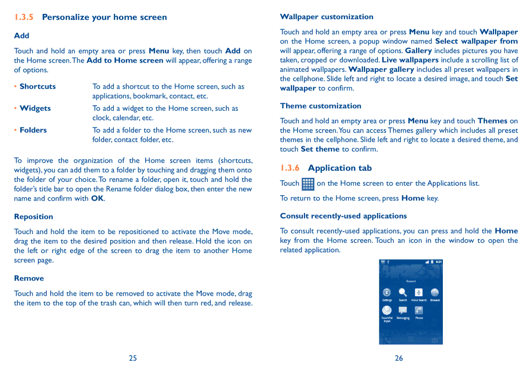 Alcatel 909B manual Personalize your home screen, Application tab 