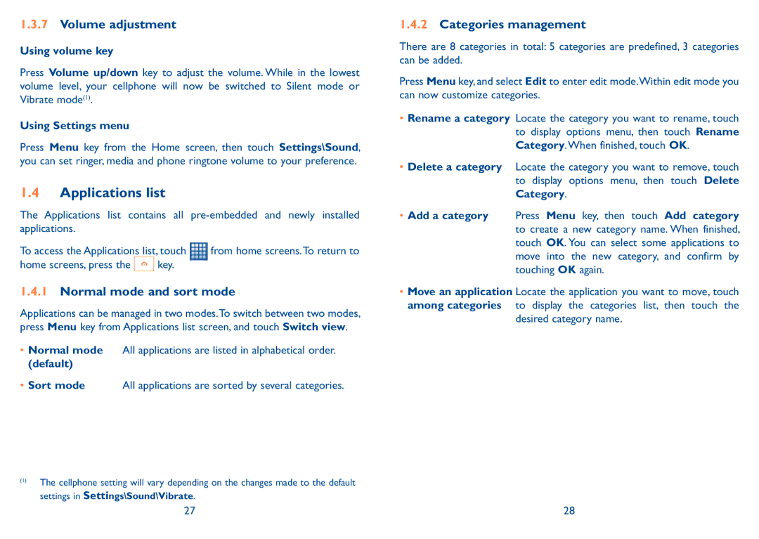 Alcatel 909B manual Applications list, Volume adjustment, Normal mode and sort mode, Categories management 