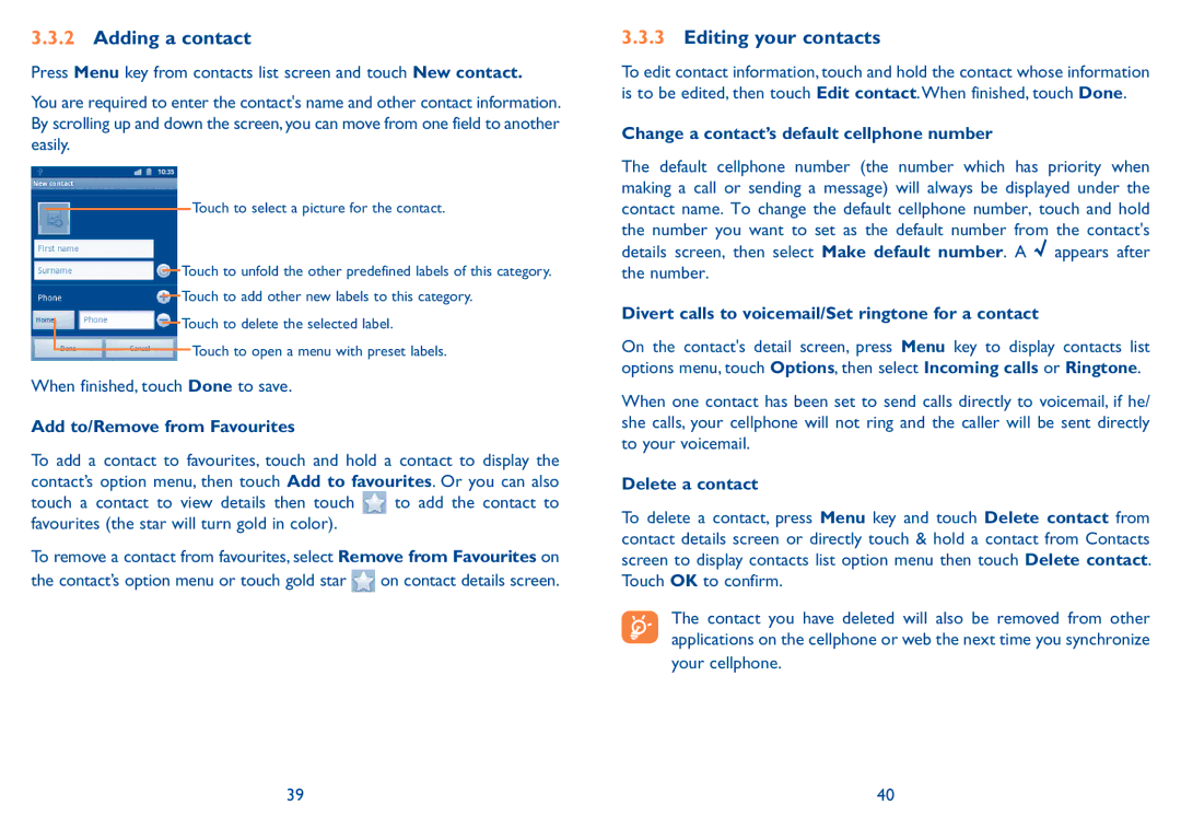 Alcatel 909B manual Adding a contact, Editing your contacts 