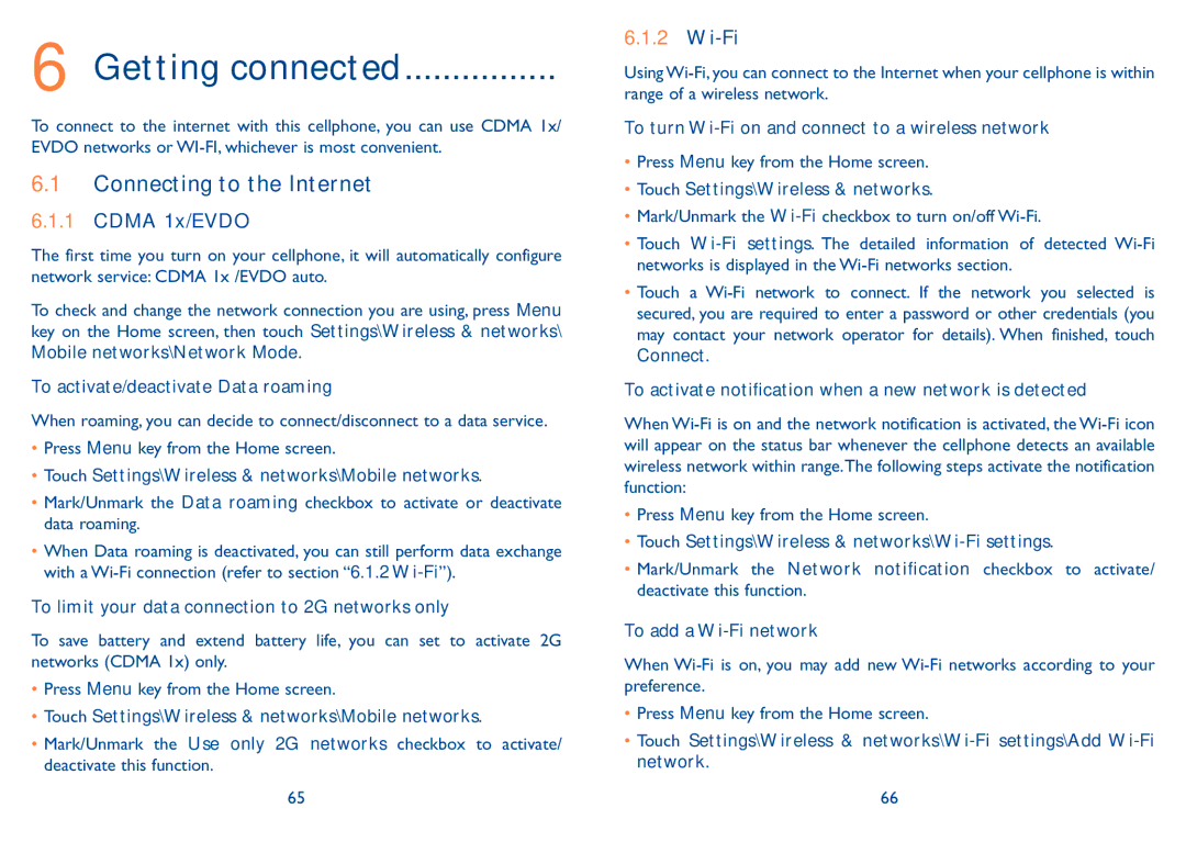 Alcatel 909B manual Getting connected, Connecting to the Internet, Cdma 1x/EVDO, Wi-Fi 