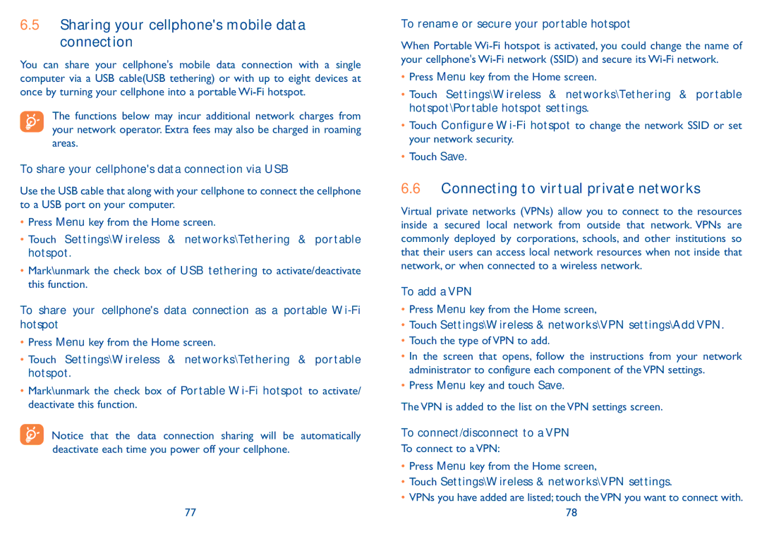 Alcatel 909B manual Sharing your cellphones mobile data connection, Connecting to virtual private networks 