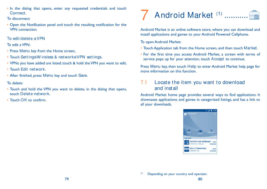 Alcatel 909B Android Market, Locate the item you want to download and install, To edit/delete a VPN, Touch Edit network 