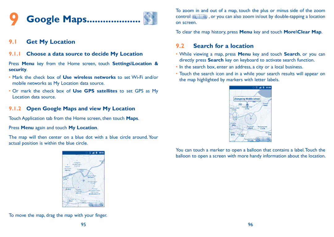 Alcatel 909B manual Google Maps, Get My Location, Search for a location, Choose a data source to decide My Location 