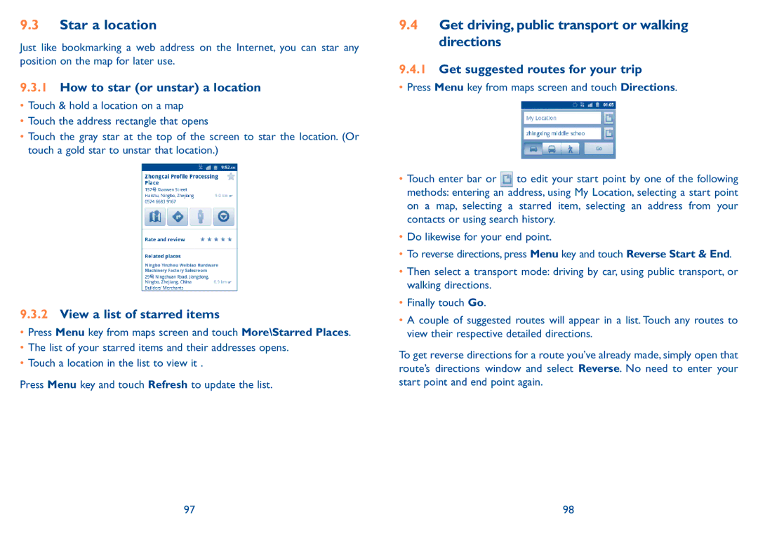 Alcatel 909B manual Star a location, Get driving, public transport or walking directions, How to star or unstar a location 