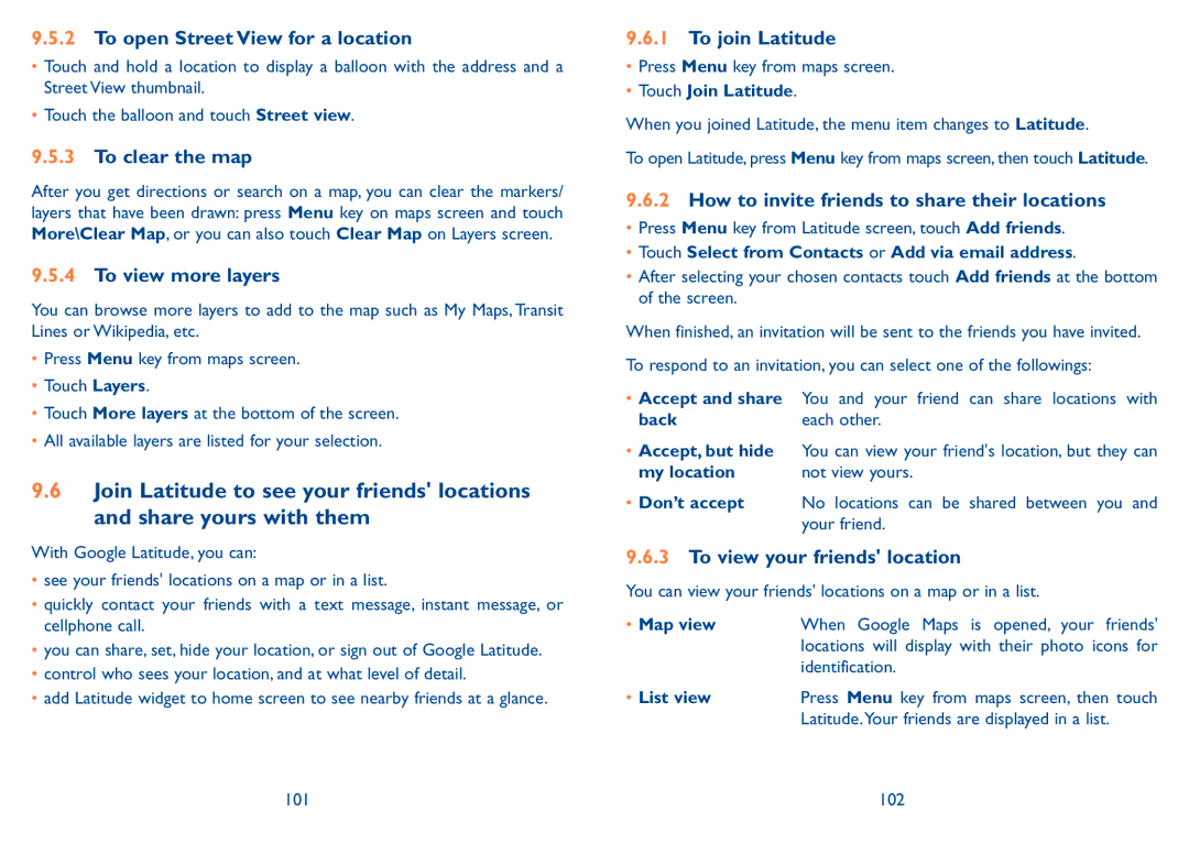 Alcatel 909B manual To open Street View for a location, To clear the map, To view more layers, To join Latitude 