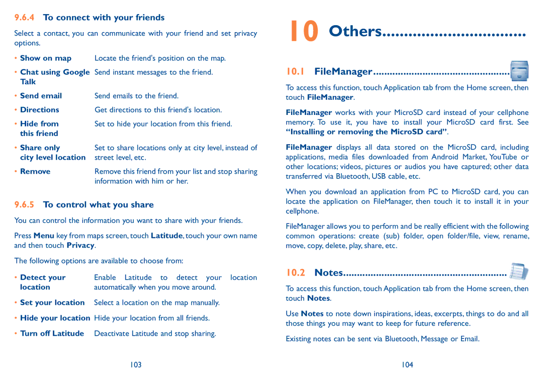 Alcatel 909B manual Others, FileManager, To connect with your friends, To control what you share 