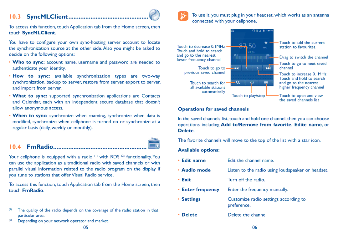 Alcatel 909B manual SyncMLClient, FmRadio 