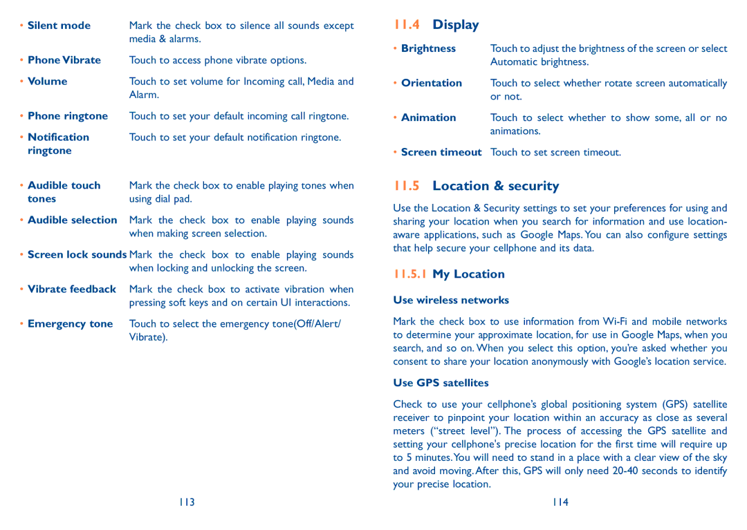 Alcatel 909B manual Display, Location & security, My Location 