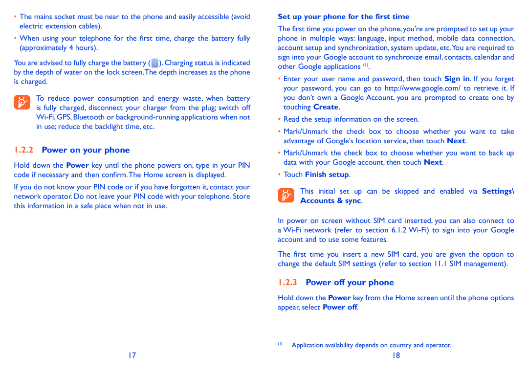 Alcatel 918D manual Power on your phone, Power off your phone, Set up your phone for the first time, Touch Finish setup 