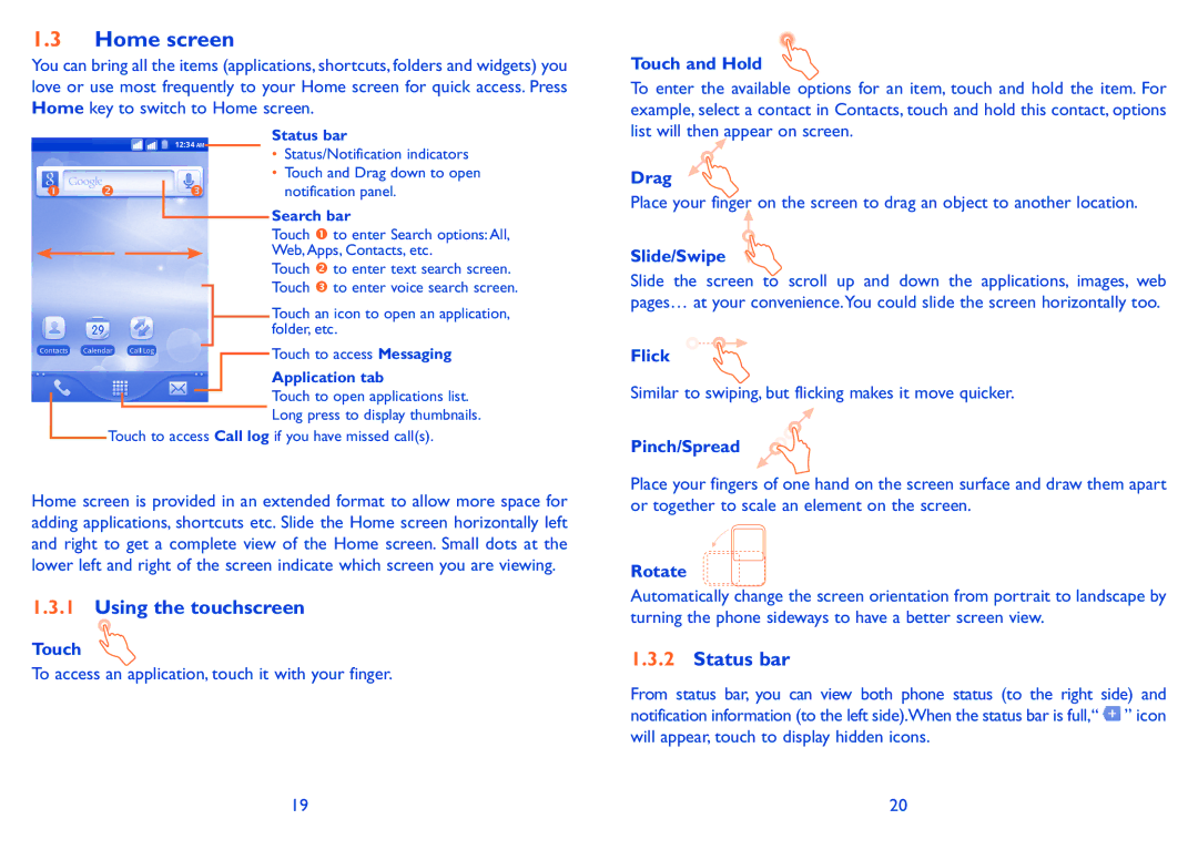 Alcatel 918D manual Home screen, Using the touchscreen, Status bar 