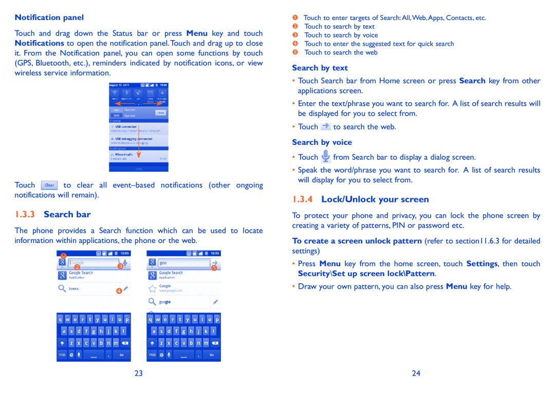 Alcatel 918D manual Search bar, Lock/Unlock your screen, Notification panel, Search by text, Search by voice 
