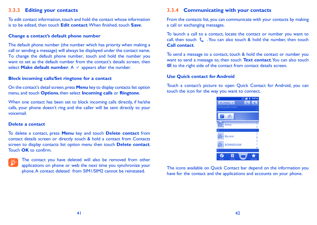Alcatel 918D manual Editing your contacts, Communicating with your contacts 
