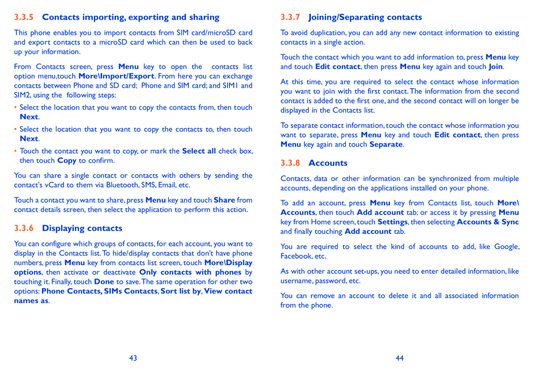 Alcatel 918D manual Contacts importing, exporting and sharing, Displaying contacts, Joining/Separating contacts, Accounts 
