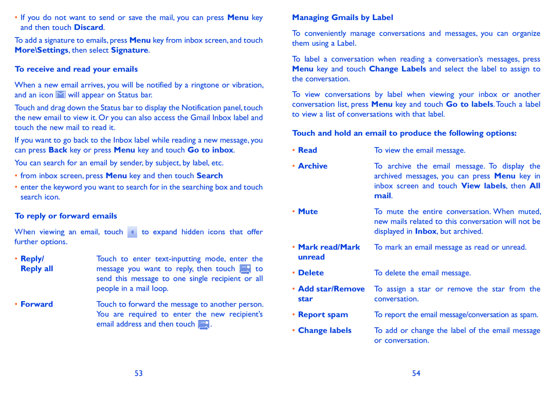 Alcatel 918D To receive and read your emails, To reply or forward emails, Reply all, Forward, Managing Gmails by Label 