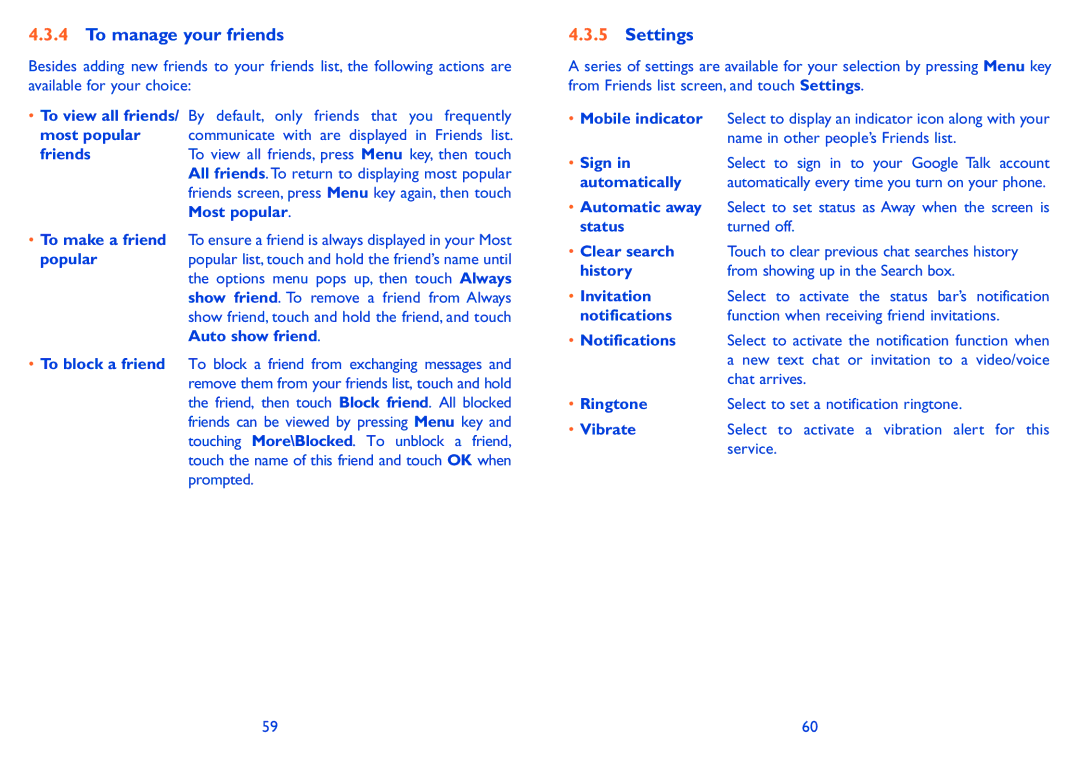 Alcatel 918D manual To manage your friends, Settings 