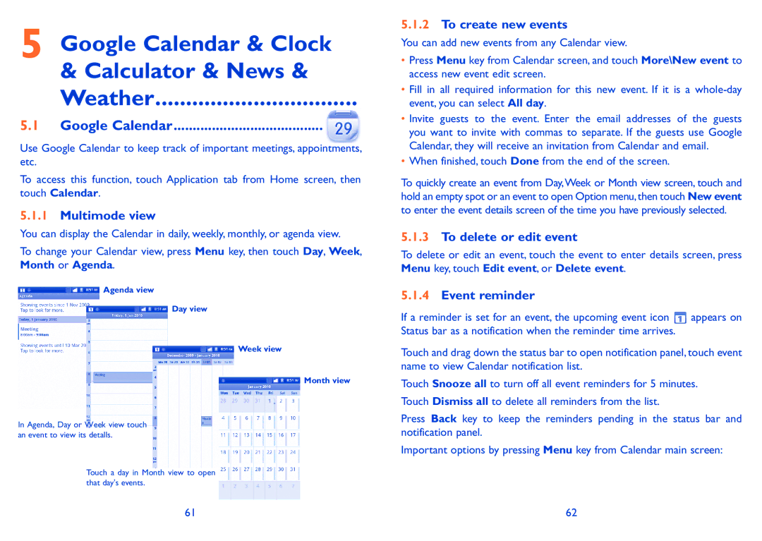 Alcatel 918D manual Google Calendar & Clock Calculator & News Weather 