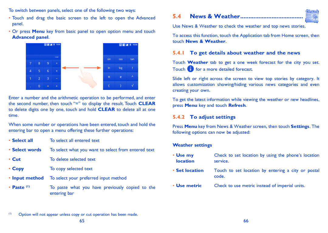 Alcatel 918D manual News & Weather, To get details about weather and the news, To adjust settings 