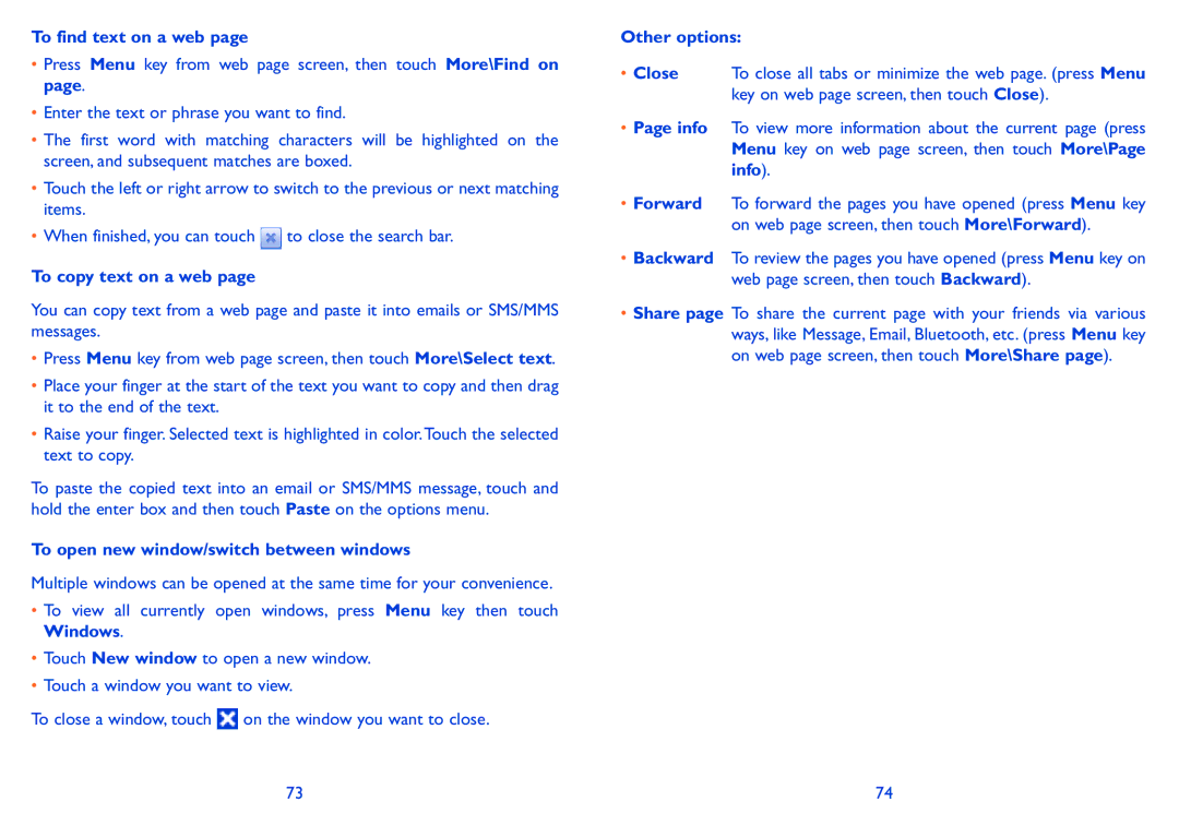 Alcatel 918D manual To find text on a web, To copy text on a web, To open new window/switch between windows, Other options 