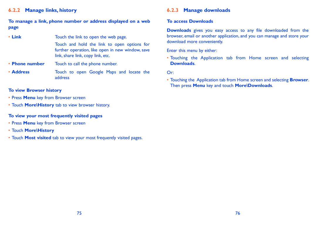 Alcatel 918D manual Manage links, history, Manage downloads 