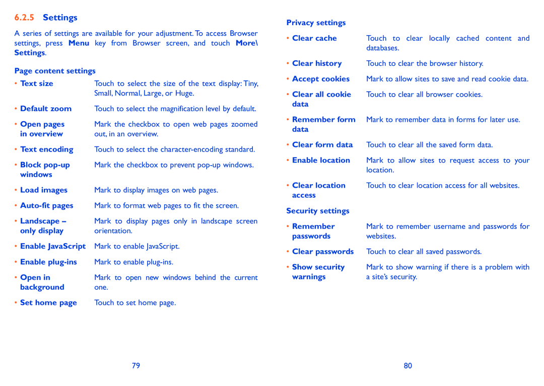 Alcatel 918D Content settings Text size, Overview, Only display, Open, Background One, Privacy settings, Security settings 