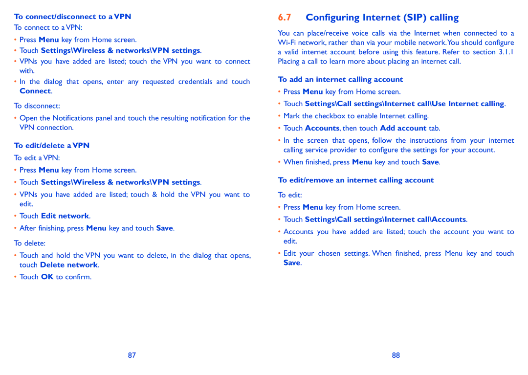 Alcatel 918D manual Configuring Internet SIP calling 