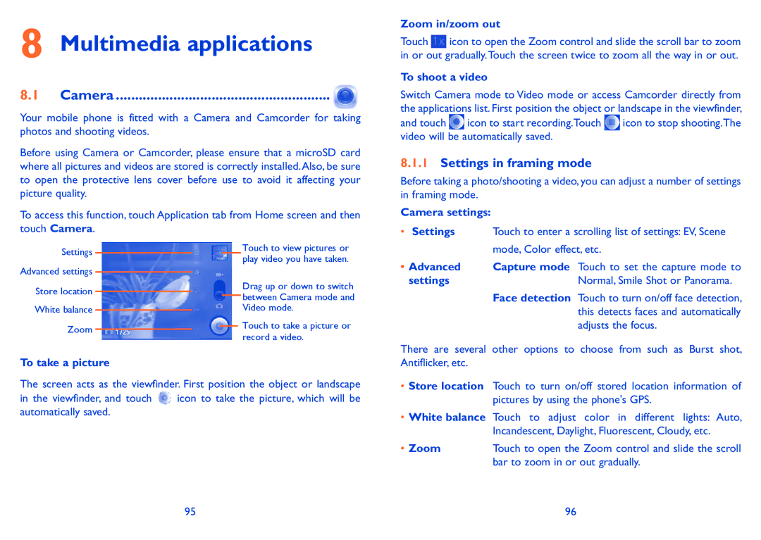 Alcatel 918D manual Multimedia applications, Camera, Settings in framing mode 