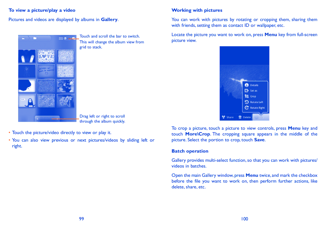 Alcatel 918D manual To view a picture/play a video, Working with pictures, Batch operation 